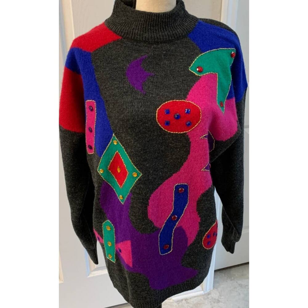 Vintage Cervelle Grey Abstract Angora Blend Mock Turtleneck Sweater XL Colorful - Picture 2 of 6